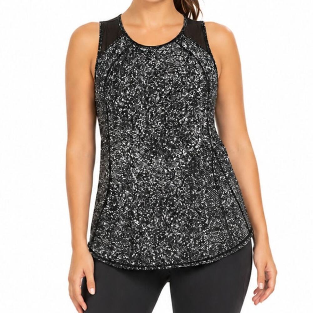 Lululemon Black White Speckled Tank Top Sleeveless Mesh Back High Low Athletic